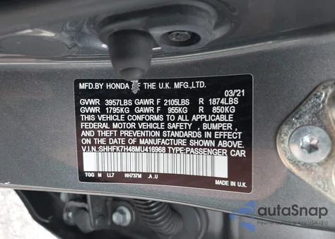 2021 Honda Civic Sport z USA, uszkodzony, nr VIN SHHFK7H48MU416968